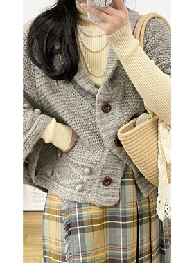 vintage古着昭和优雅灰色立体豆豆青果领亚克力圆扣针织斗篷女