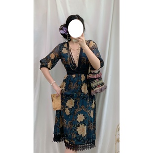 vintage古着轻熟复古VIVIENNE TAM谭燕玉芍药花印花网纱深V连衣裙