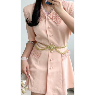 港风复古涤纶粉橘色古董感蕾丝领短款vintage古着孤品连衣裙女