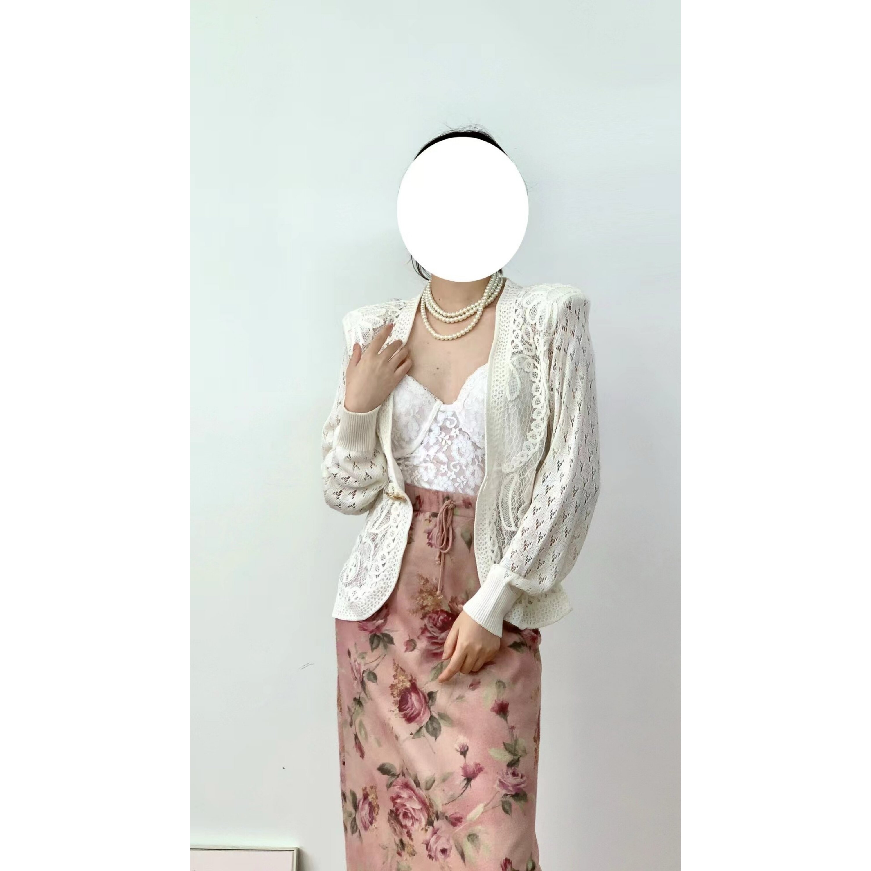 vintage古着日系优雅腈纶和麻混纺双层钩花镂空灯笼袖针织开衫女