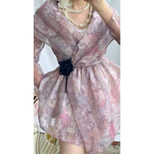 vintage古着优雅1950S风欧根纱印花立体花大翻领大摆连衣裙女夏