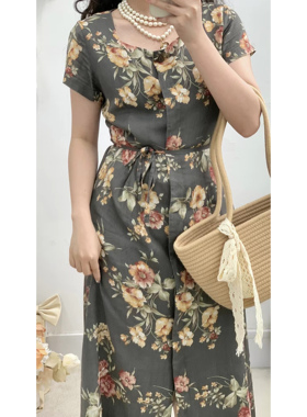 文艺复古深灰色印花方领腰带短袖vintage古着孤品连衣裙