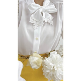 vintage古着优雅复古涤纶白色飘带蕾丝领宽松长袖衬衫女