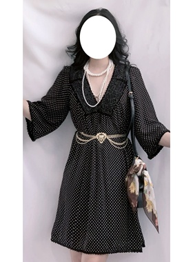 日本制vintage古着昭和复古INGEBORG涤纶黑色波点宽松连衣裙女夏