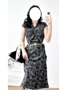 日本制轻熟优雅深灰色流浪感花卉印花毛边vintage古着孤品连衣裙