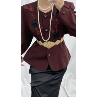 日产vintage古着昭和复古暗红色立体花卉贴布亚克力金扣西装 外套