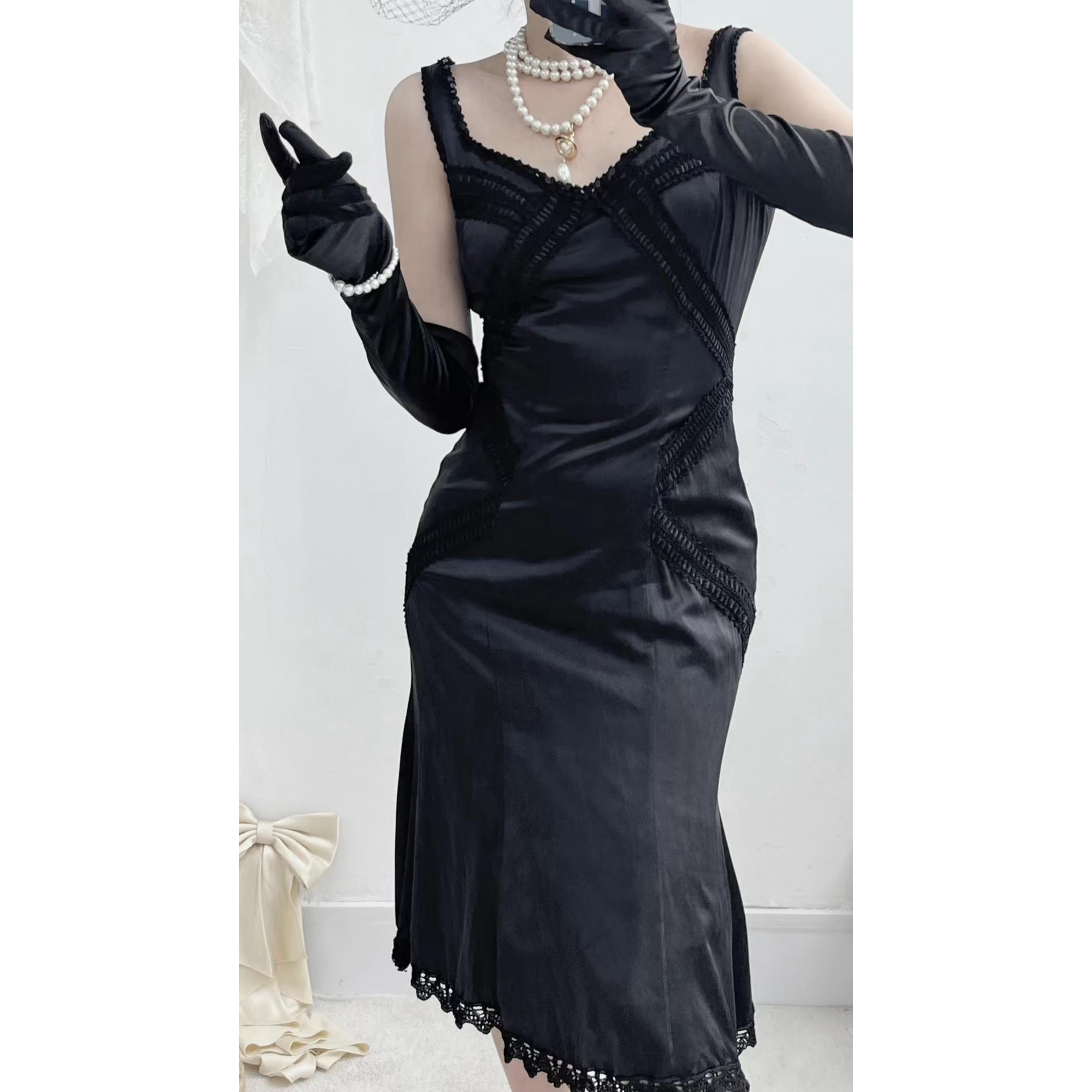 法式优雅全真丝黑色斜裁蕾丝拼接亮片vintage古着孤品连衣裙女夏