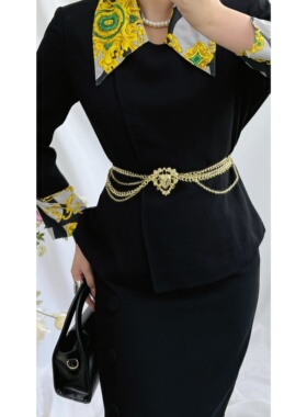 复古百搭基础款L*NV*N黑色斜襟圆领七分袖vintage古着西装外套女