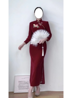 vintage古着复古新中式红色全真丝手工刺绣丝绒面料蕾丝点缀旗袍