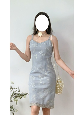 日产vintage古着优雅气质蓝灰色吊带立裁蕾丝边斑驳感印花连衣裙