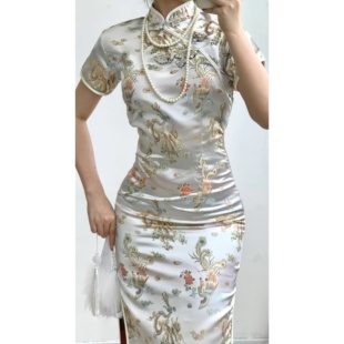 复古新中式月白色提花织锦龙凤纹盘扣滚边小立领vintage古着旗袍