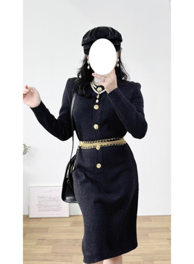 意大利产昭和复古全羊毛灰色杂色立体金扣vintage古着孤品连衣裙