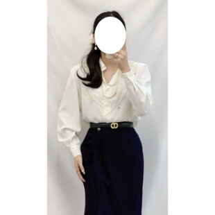 vintage古着气质复古涤纶白色童趣感彩色刺绣长袖宽松衬衫女