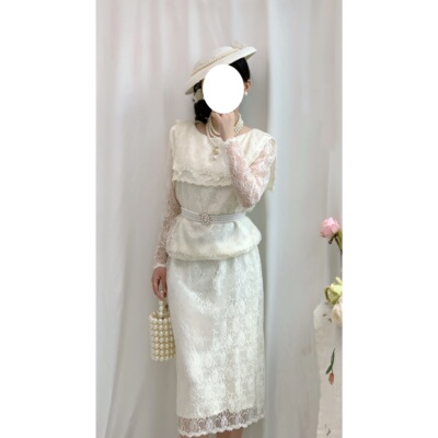 古着优雅古典假两件翻领连衣裙女