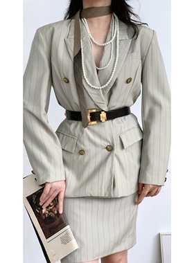 vintage古着复古英伦气质羊毛灰色竖条纹枪驳领双排扣两件套裙女