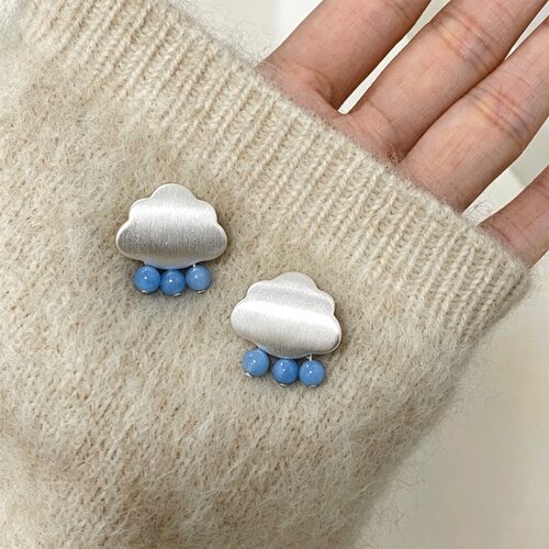 小众冷淡风磨砂银云朵雨滴耳钉