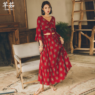 茶卡盐湖沙滩裙女海边度假民族风雪纺套装 两件套裙子仙泰国连衣裙