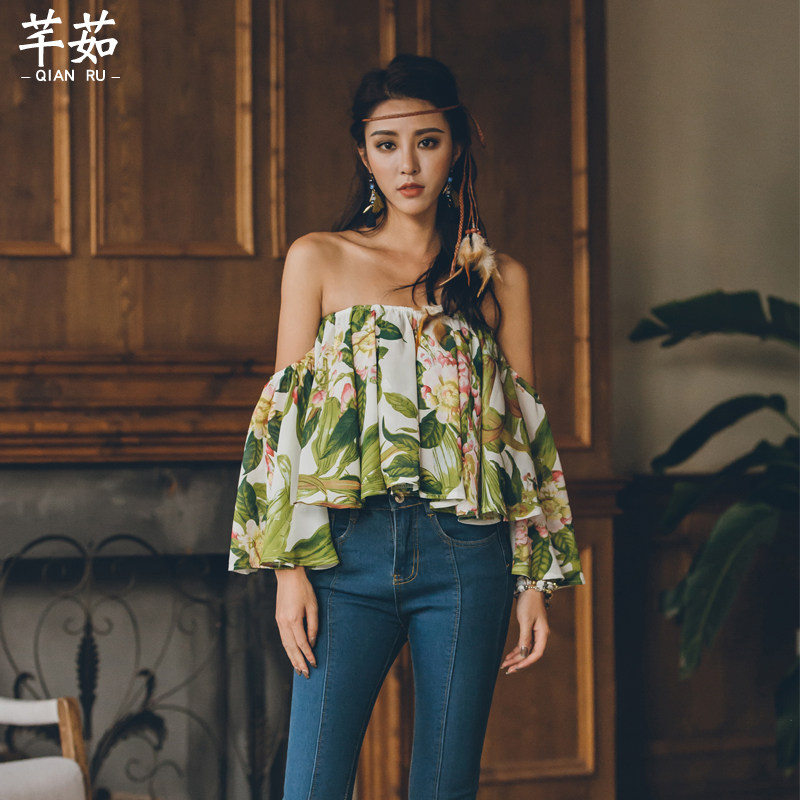 度假一字肩上衣夏女抹胸波西米亚风格沙滩外穿雪纺衫短裹胸T恤衫