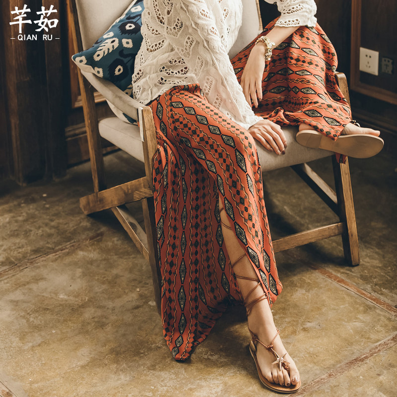 泰国海边度假波西米亚开叉阔腿裤女宽松长裤民族风裤子裙裤沙滩裤
