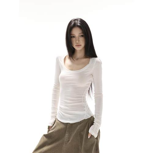 美式辣妹舒适天丝白色微透大u领上衣紧身收腰打底衫内搭长袖T恤女