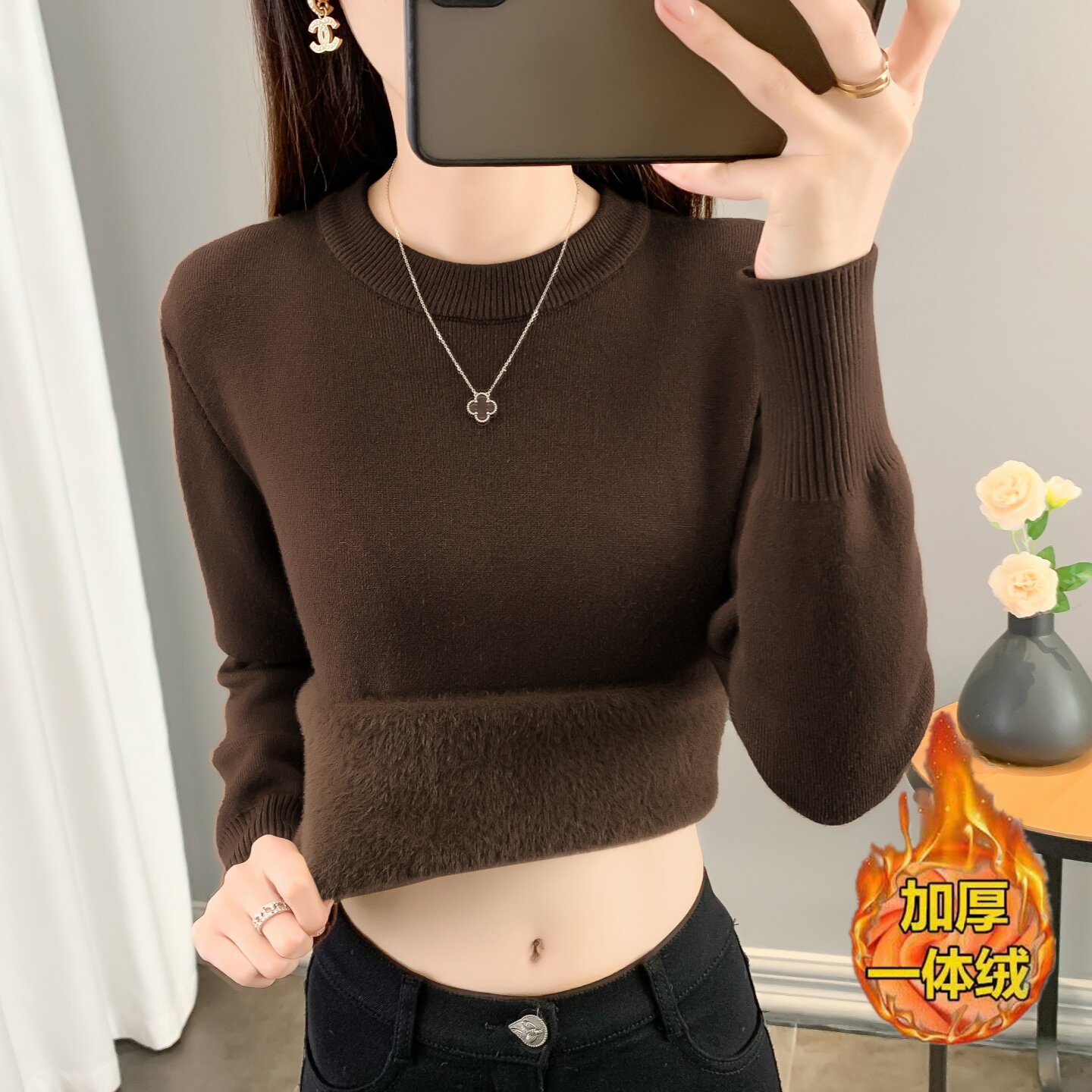 毛衣女秋冬季加绒一体绒加厚圆领大码修身显瘦保暖针织内搭打底衫