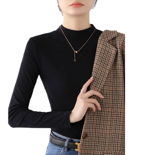 半高领长袖t恤女秋冬2025新款纯棉内搭修身百搭黑色小立领打底衫