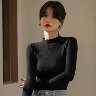 修身针织衫2025年秋季亲肤韩版黑色半高领女款内搭上衣外穿针织衫