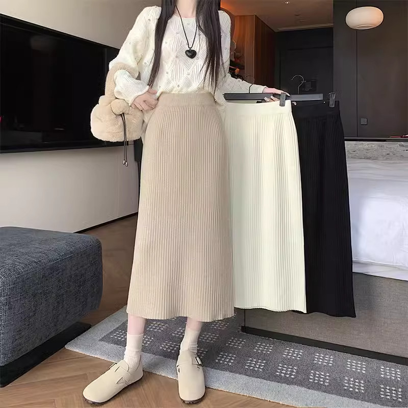 加厚针织半身裙女2025年秋冬百搭高腰中长款显瘦垂感A字包臀长裙
