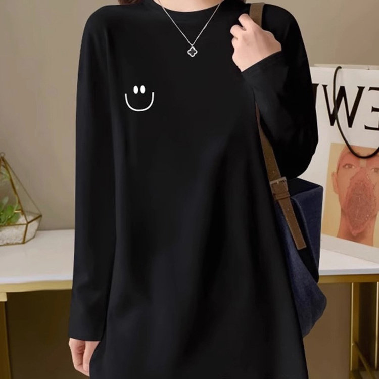 纯棉长袖T恤女春秋2025新款时尚黑色宽松圆领叠穿中长款印花上衣