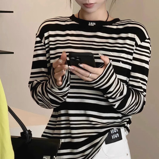 上衣欧货条纹长袖 T恤女2025秋季 洋气圆领字母印花大码 新款 T恤 时尚