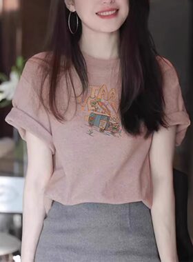 短袖女性夏季薄粉色肩巴士兔印花修身和时尚的韩国半袖t恤