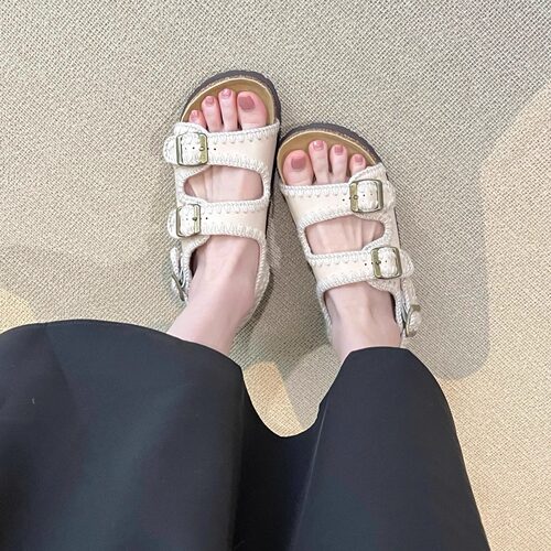 厚底皮带扣勃肯鞋休闲露趾凉鞋女外穿2025新款沙滩度假罗马凉拖鞋