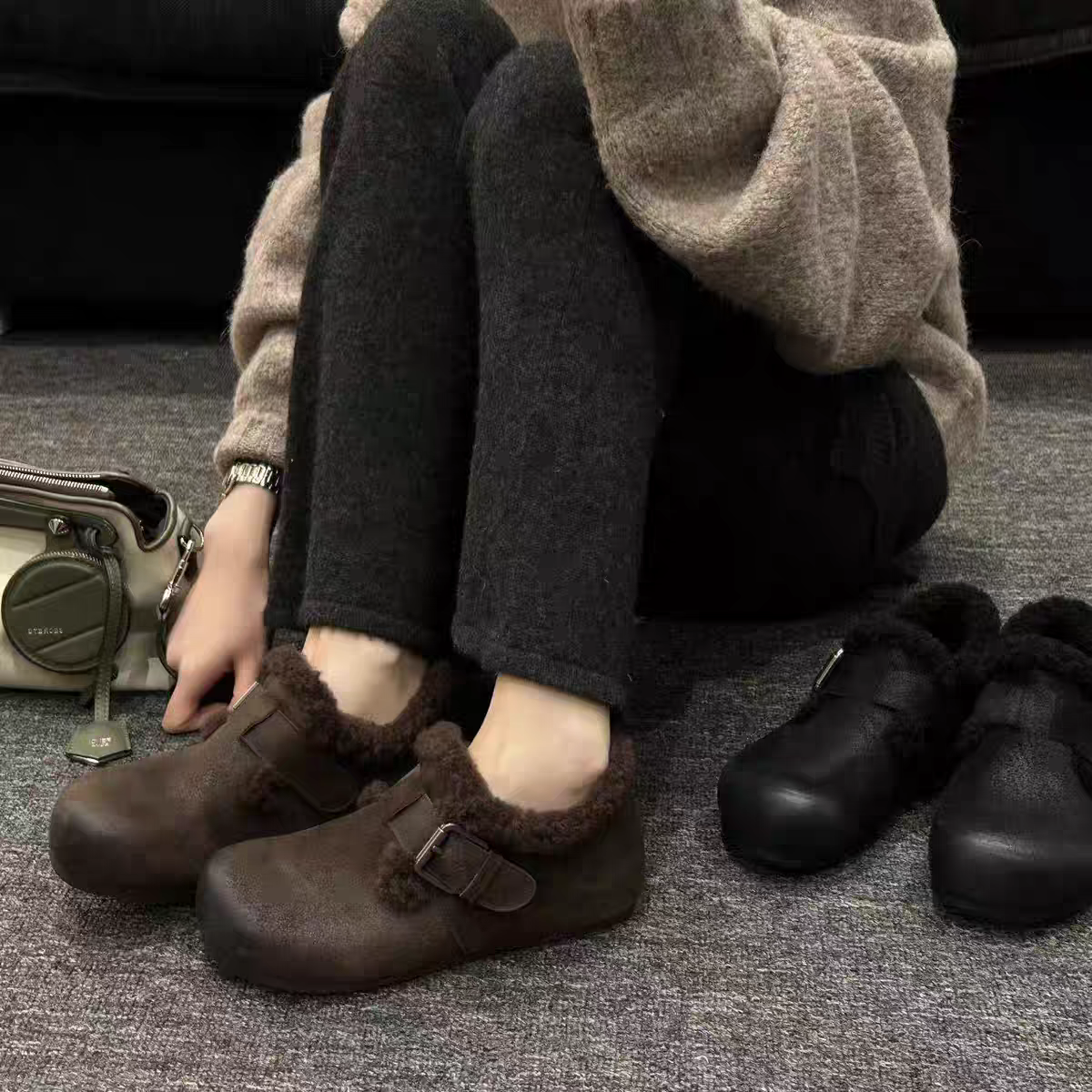 毛毛勃肯鞋女羊羔毛冬季加绒新款韩版保暖全包圆头平底百搭棉鞋