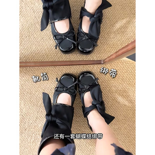 黑色方头玛丽珍鞋女一鞋三穿内增高蝴蝶结芭蕾风单鞋厚底套筒女鞋