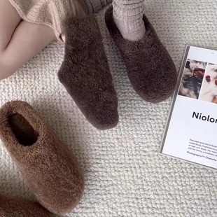 毛毛鞋 外穿秋冬松糕厚底百搭一脚蹬勃肯鞋 女 时尚 羊羔毛包头半拖鞋