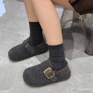 女灰色冬季 棉鞋 新款 加绒保暖穆勒鞋 毛呢厚底百搭两穿毛毛鞋 勃肯鞋