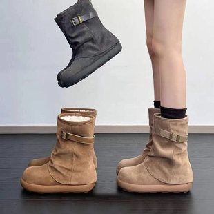雪地靴皮带扣堆堆靴女内增高小个子时尚冬季加绒保暖中筒加厚棉靴