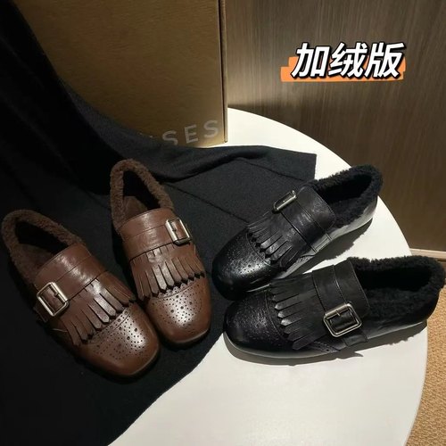 英伦流苏小皮鞋女复古布洛克雕花秋冬新款加绒平底休闲乐福鞋单鞋