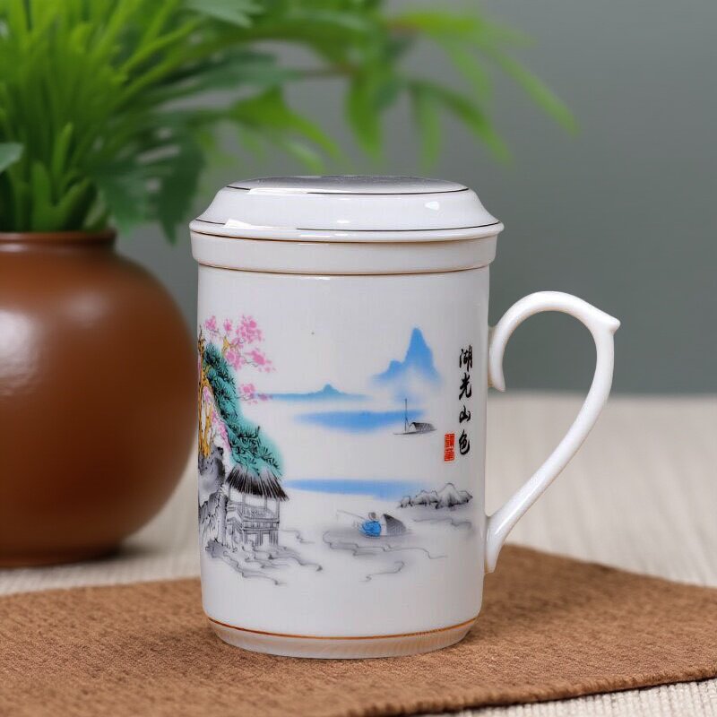 陶瓷茶杯过滤网白瓷品茗马克杯茶水分离办公杯家用茶漏泡茶水杯子