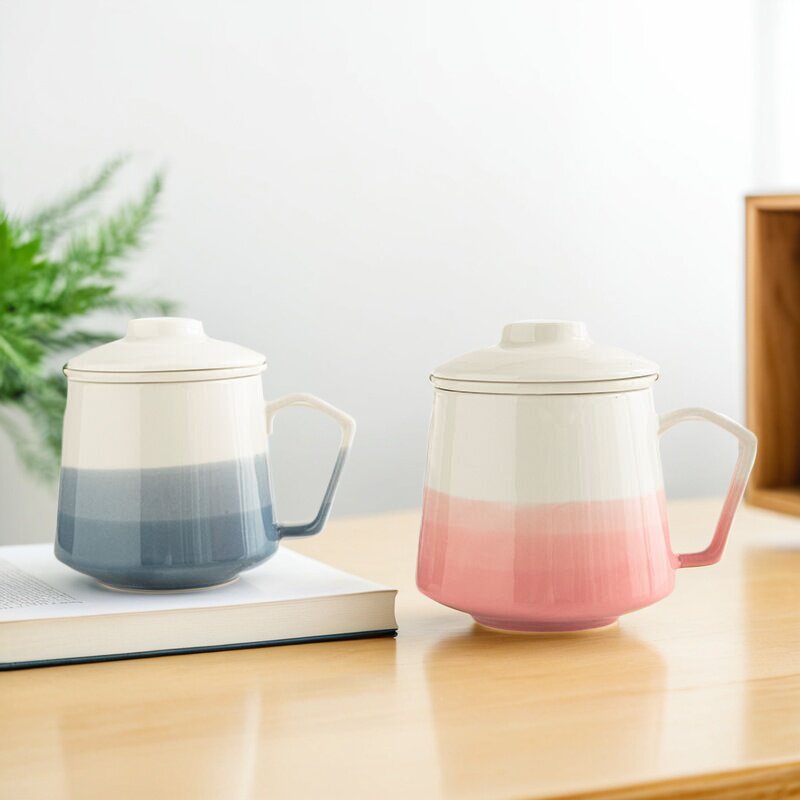 陶瓷茶杯过滤网渐变色马克杯茶水分离品茗杯办公家用茶漏杯礼品杯