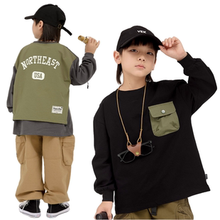 日系拼布假两件户外山系风口袋长袖T恤卫衣 男童秋季圆领拼色上衣