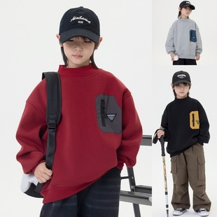 日系冬季拉链口袋黑灰红色加绒卫衣男童潮酷帅气宽松一体绒衫上衣