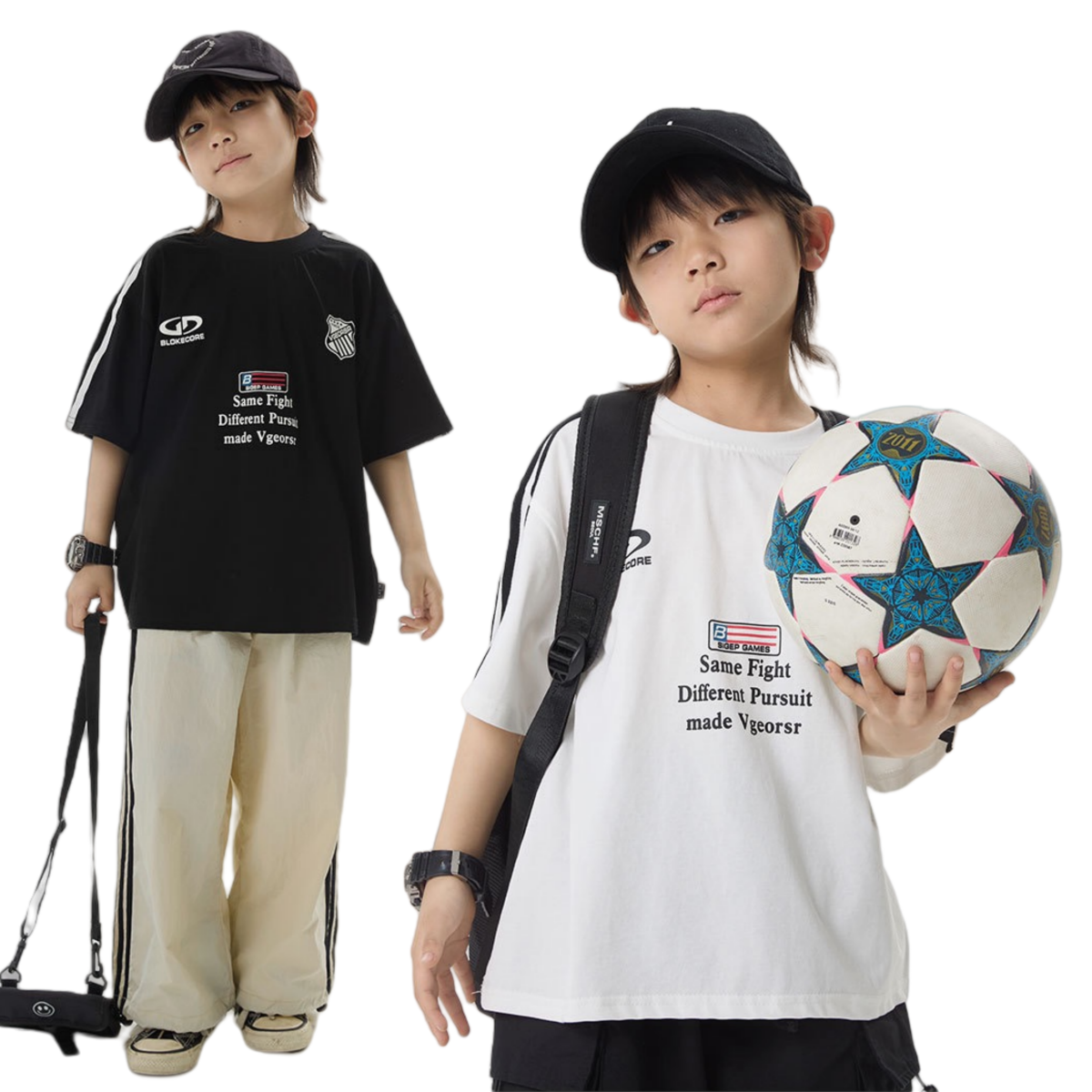 日系黑白色潮酷高街印花短袖T恤 男童夏季宽松织带圆领半袖上衣