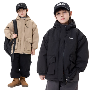 日系男童冬季加厚加绒工装连帽棉衣帅气夹棉冲锋衣外套派克棉服潮