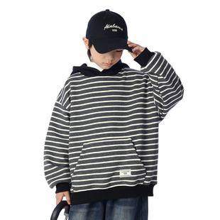 男童冬季日系条纹连帽加绒卫衣儿童百搭宽松套头一体绒衫保暖上衣