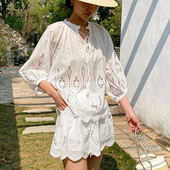 欧货南油女装 今年流行特惠法式 短裤 白色刺绣上衣 度假小香风套装