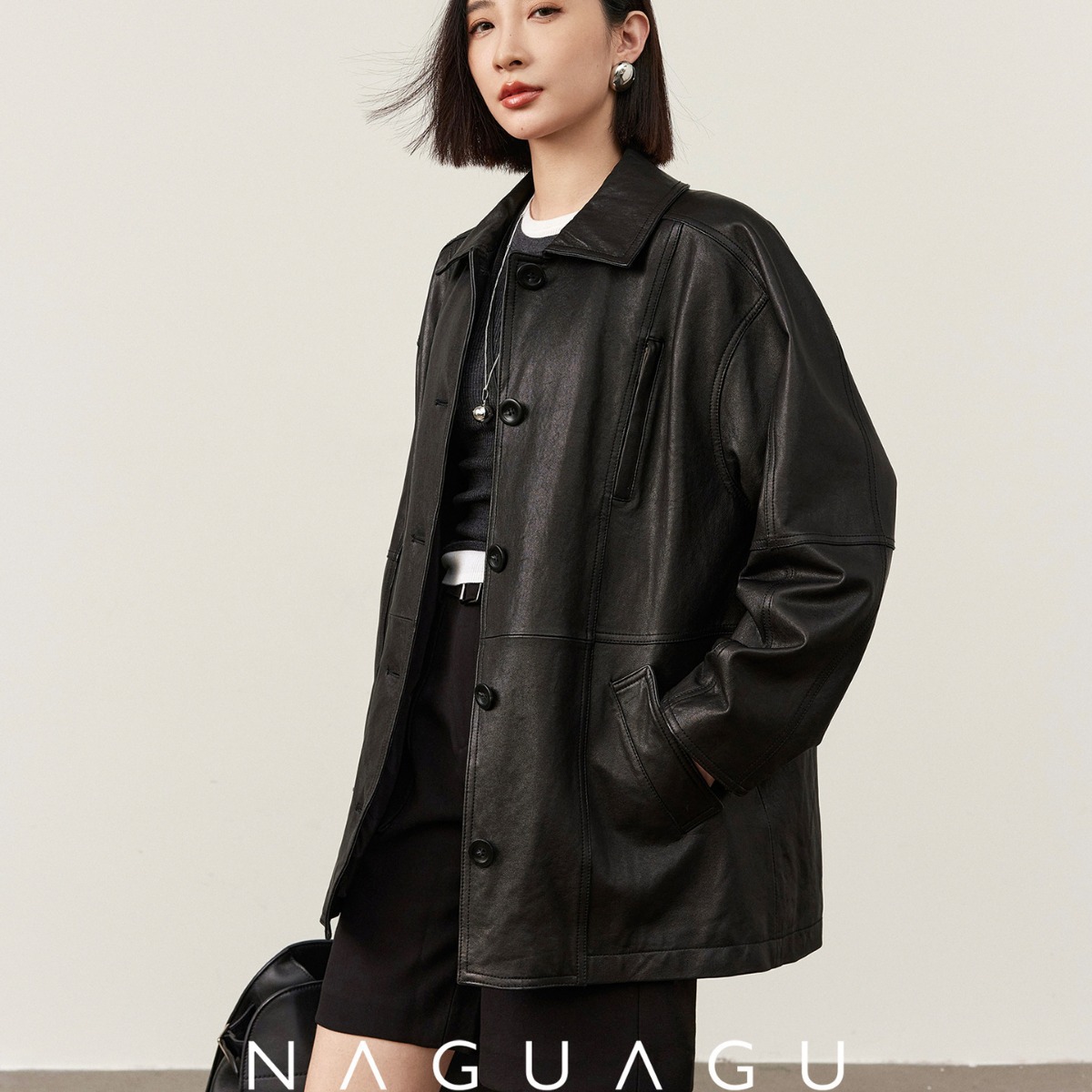 今年流行特惠翻领廓形皮衣