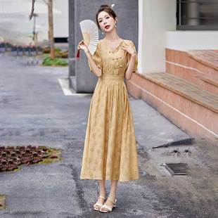 新品 长款 修身 V领短袖 韩版 盘扣时尚 高端品牌2024夏季 A字连衣裙 女装