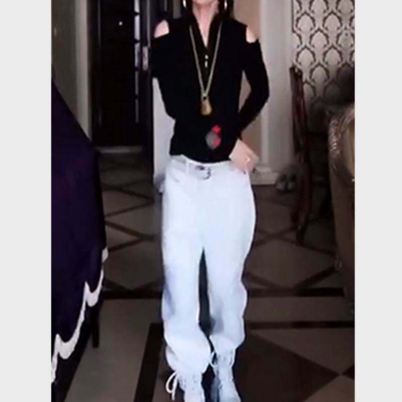 高端品牌发3292024秋冬时尚露肩打底T恤上衣白色休闲裤套装女装