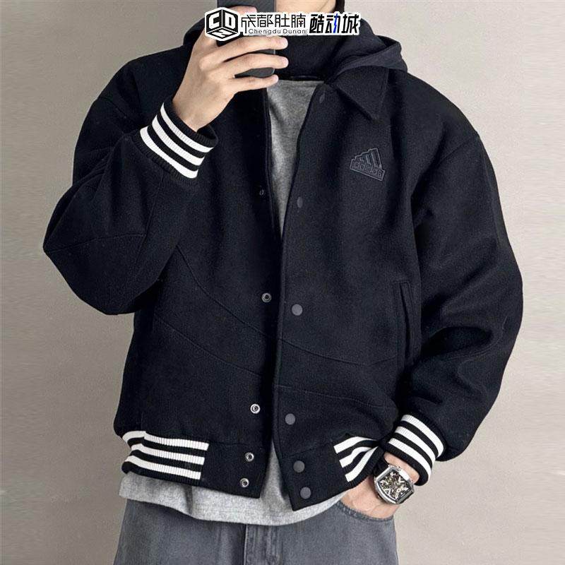 Adidas阿迪达斯外套春装男黑色连帽夹克加绒保暖运动棒球服IT0209